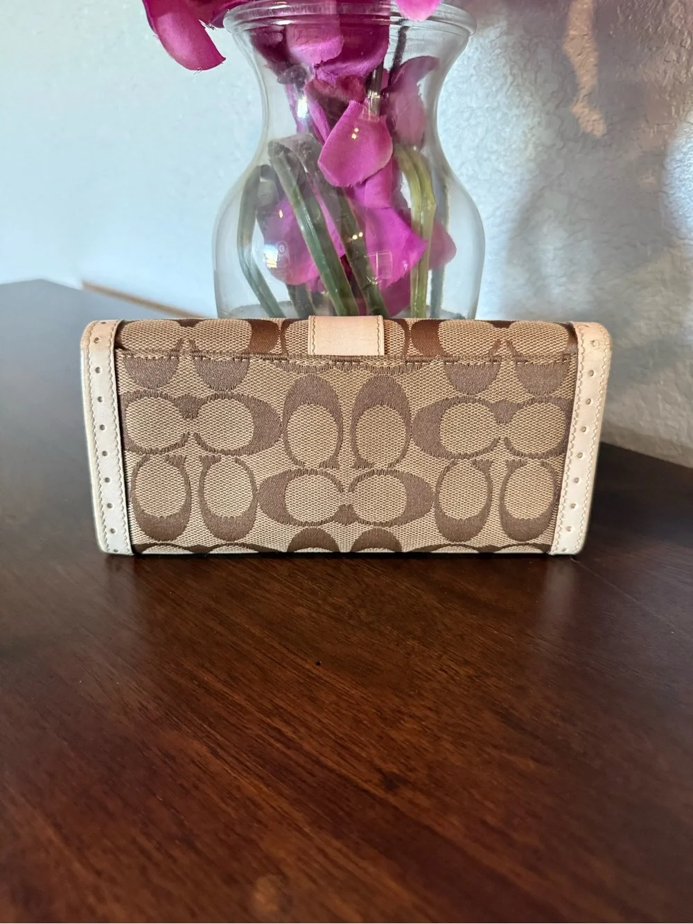 Coach Signature C Canvas in Brown and Tan with Cream Leather Trim Long Wallet